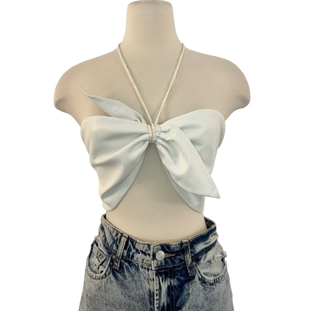 Alice + Olivia Bow Leather Cropped Top Halter Neck Smocked Back Soft White 10